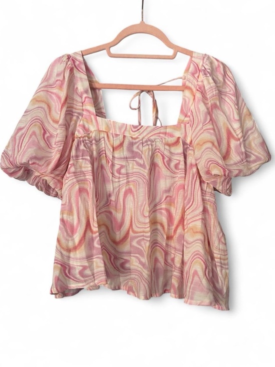 Blu Pepper Tops - Blu Pepper Pink Marble Print Puff Sleeve Peasant Top